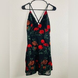 Storia Black Red Floral Embroidered Crisscross Spaghetti Strap Mini Dress Small
